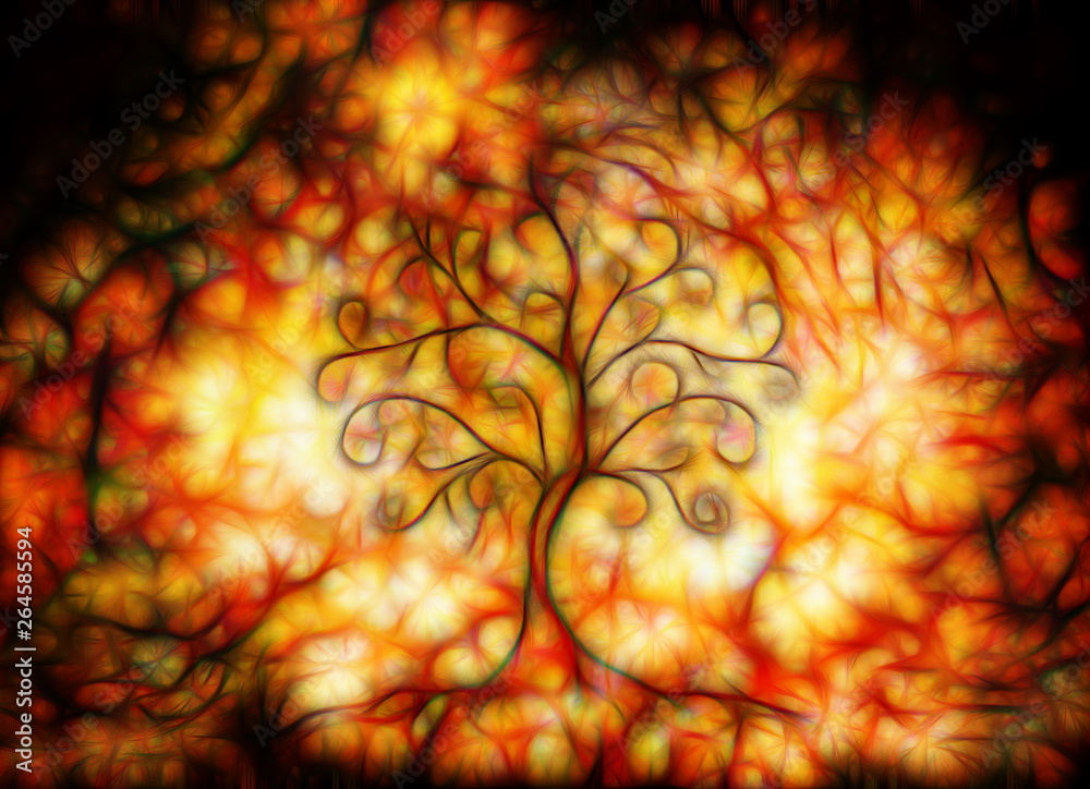 Poster tree of life symbol on structured ornamental background, yggdrasil. Fractal effect.