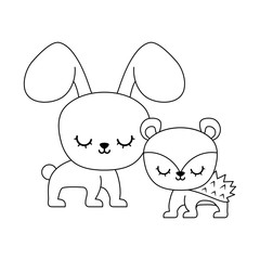 cute porcupine with rabbit animals