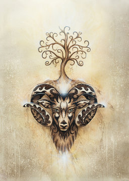 ornamental painting of Aries, sacred animal symbol and tree of life.
