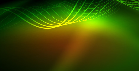 Glowing abstract wave on dark, shiny motion, magic space light. Techno abstract background