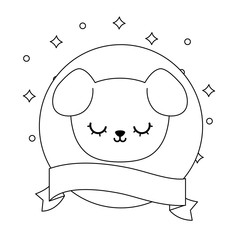 head cute dog in frame circular with ribbon