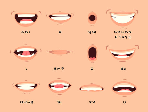 Cartoon talking mouth and lips expressions vector animations poses. Accent and pronunciation speak, tongue and articulate illustration