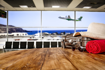 Suitcase on airport and summer travel time 