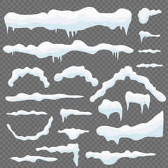 Realistic snow caps set, New Year winter ice elements on transparent background. Vector snow drift collection. - obrazy, fototapety, plakaty