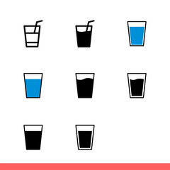 Water glass icon set, cup symbol collection. Simple, flat design on white background