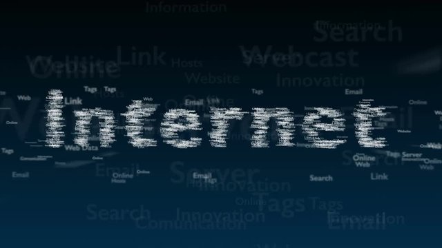 Deep blue background with different words, which deal with internet. Close up. Copy space. 3D. Animation.