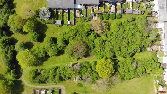 Top down closing in a tree in the middle of a residential area comprising of mid terrace houses with woodlands at the rear in Basildon on a sunny day