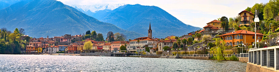 Obraz premium Panoramic view of the town of Mergozzo located on the Mergozzo Lake, near the largest Lake Maggiore, Piedmont, Italy
