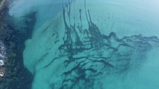 Aerial top-down view over transparent lagoon blue water and sandy seafloor