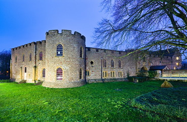 Night view of the Taunton castle, historic building that houses the Somerset Museum, England, Uk