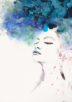 Watercolor abstract portrait of girl. Fashion background..