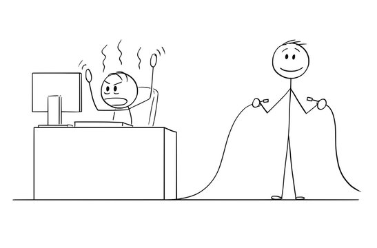 Cartoon stick figure drawing conceptual illustration of angry man or businessman working in office on computer, another man is holding unplugged Internet network or electric power cable.