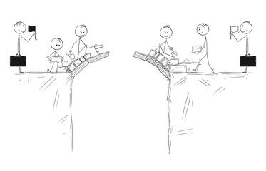 Cartoon stick figure drawing conceptual illustration of two groups of men or businessmen building bridge together to connect with other side. Leaders or politicians are waiting do make a deal.