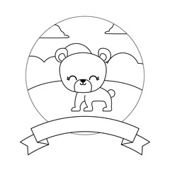 cute bear in landscape with frame and ribbon