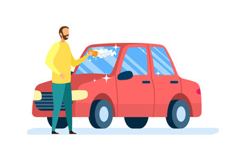 Car Owner Cleaning Auto Flat Vector Illustration