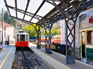 Turin, Italy - March 21, 2019: The ancient funicular tramway of Sassi allows you to reach the basilica of Superga from the valley floor of the Sassi district of Turin