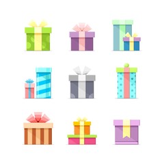 9 Colorful vector flat boxes with ribbons isolated on white background. Package, gift, present, happy birthday, party box icons set 1