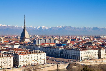 Obraz premium Panoramic aerial view on Turin city center, Piedmont, Italy, with Mole Antonelliana 