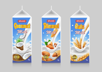 Carton packs with plant based milk. Almond, coconut, oat. Vector realistic illustration