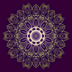 Design Floral Mandala Ornament. Vector Illustration. For Coloring Book, Greeting Card, Invitation, Tattoo. Anti-Stress Therapy Pattern. Luxury purple gold color
