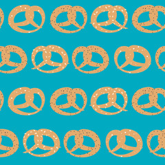 Vector seamless pattern of pretzels with sesame, salt and poppy seeds on sky blue background