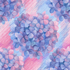 Flowers Hydrangea round bouquet seamless pattern drawing with colored pencils. Template for greeting card. Wedding card