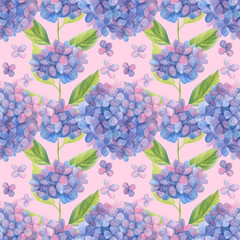 Flowers Hydrangea round bouquet seamless pattern drawing with colored pencils. Template for greeting card. Wedding card