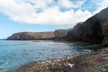 Fototapeta premium Panorama of beautiful beach and tropical sea of Lanzarote. Canaries