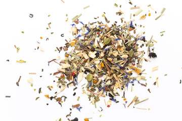 Herbal tea on a white background. Top view.