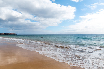 Panorama of beautiful beach and tropical sea of Lanzarote. Canaries