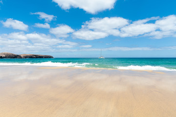 Panorama of beautiful beach and tropical sea of Lanzarote. Canaries