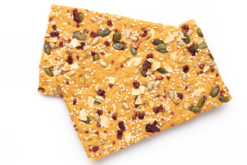 Rye bread slice on a white background.