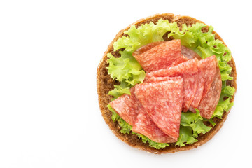 Sandwich with ham sausage on white background.