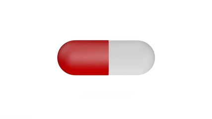 3D illustration of a capsule with a medicine. The capsule is closed, red and white. 3D rendering isolated on white background. The idea of health and medicine.
