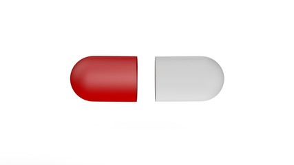 3D illustration of a capsule with a medicine. The capsule is closed, red and white. 3D rendering isolated on white background. The idea of health and medicine. Capsule's ajar.