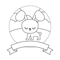 cute rabbit in landscape with frame and ribbon