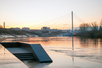 Tyumen, Russia, on April 19, 2019: A spring high water on the embankment in Tyumen in the evening.