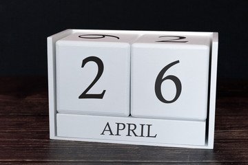 Business calendar for April, 26th day of the month. Planner organizer date or events schedule concept.