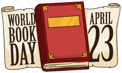Book with Scrolls and Date to Celebrate World Book Day, Vector Illustration