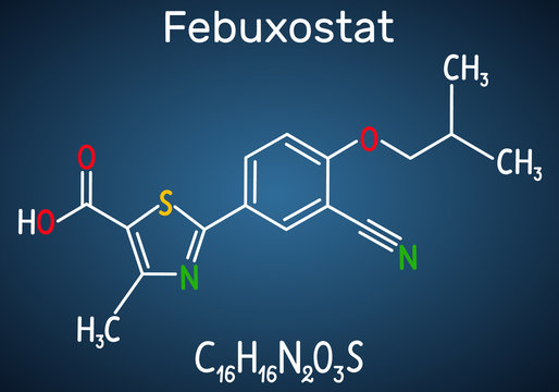 Febuxostat molecule. Structural chemical formula and molecule model on the dark blue background