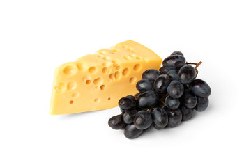 Cheese and grapes isolated on white background.