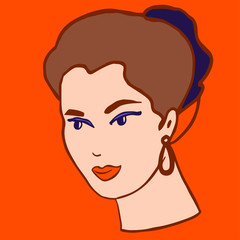 Pretty female face. Woman portrait with brunette hair, headband, earrings for design,poster,print, Elegant vintage style 60s