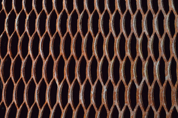Obstacle of old interlacing metal slats, rods. In Retro Style. On a black background.