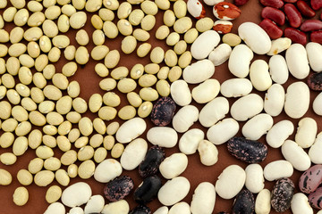 Multicolored collection set of beans, legumes, peas on brown background. Protein, vegetarian food.