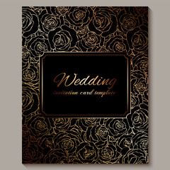 Luxury gold vintage wedding invitation, floral background with place for text, lacy foliage made of roses with golden shiny gradient. Victorian wallpaper ornaments, baroque style template for design