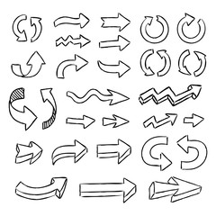 Illustration of handmade doodle arrows. Grunge sketch arrow vector set.