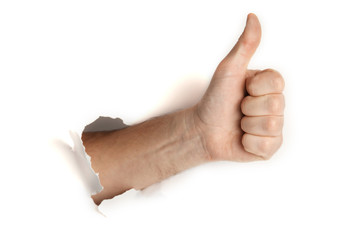 Male hand showing thumbs up as symbol of success and approved on white background.