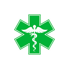 Emergency star - medical symbol Caduceus Green snake with stick icon isolated on white background.