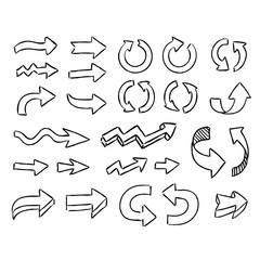 Illustration of handmade doodle arrows. Grunge sketch arrow vector set.