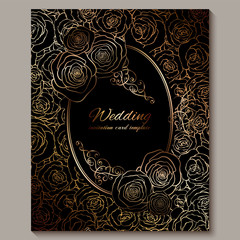 Luxury gold vintage wedding invitation, floral background with place for text, lacy foliage made of roses with golden shiny gradient. Victorian wallpaper ornaments, baroque style template for design